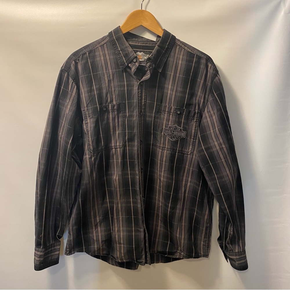 Sz L- Men Harley-Davidson Dark Plaid Button Down Shirt